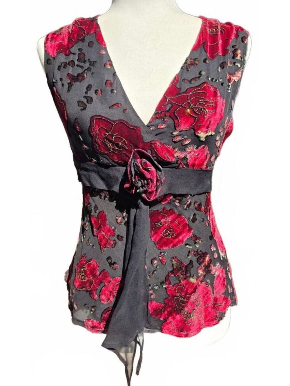Vintage 90s Red Black Velvet Burnout Rose Blouse Whimsigoth Dark Romance L